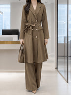 Elegant Lapel Trench Coat Dress - High Waist Belted Dress with Flared Hem & Side Slit, -Front Closure, Suitable for Commuting, Office, Weddings, Formal Events - Solid Color Professional Outerwear - Camel