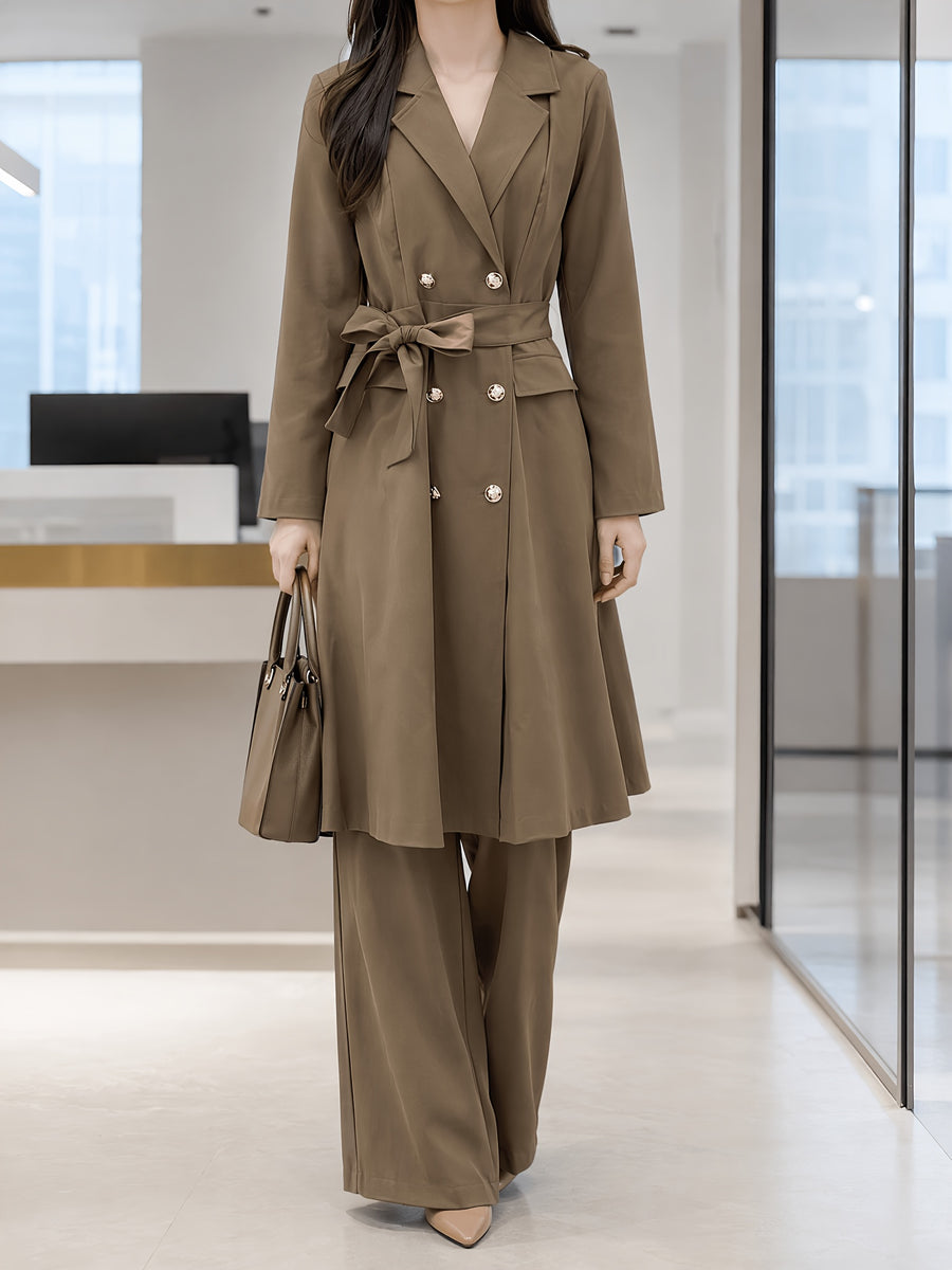 Elegant Lapel Trench Coat Dress - High Waist Belted Dress with Flared Hem & Side Slit, -Front Closure, Suitable for Commuting, Office, Weddings, Formal Events - Solid Color Professional Outerwear - Camel