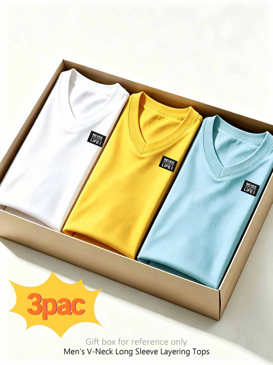100%, 3pcs Men'S V-Neck Long Sleeve Chokers T-Shirts, Men'S Knit Sweatshirt, New Casual Athletic Ribbed Collar Top - White+yellow+sky Blue