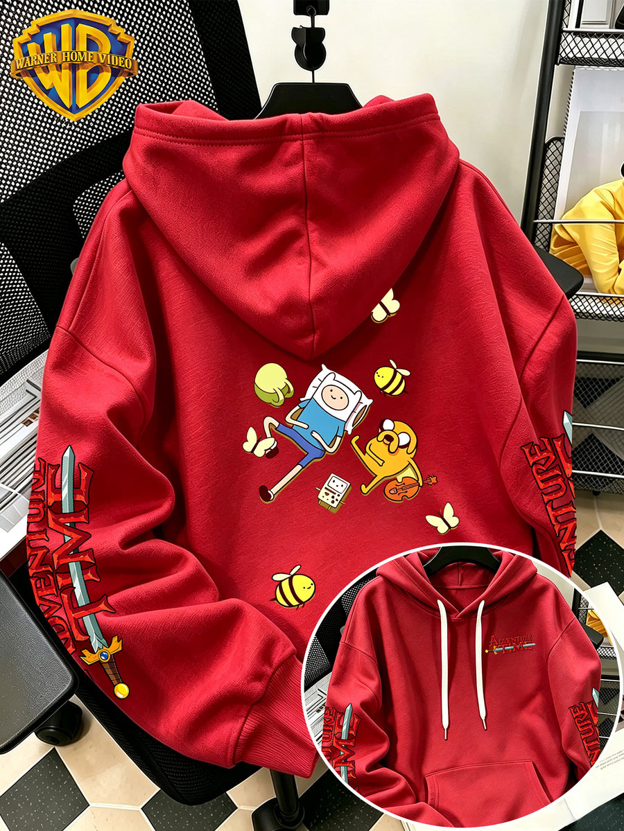 Warner Bros Official Adventure Time Finn & Jake Lying Casual Cartoon Print Hooded Sweatshirt - Men's Versatile Casual Sweatshirt, Comfortable Autumn/Winter Wear, Ideal for Sports, Outdoors, Outings, Travel, and Daily/Commute/Home Use, the Perfect - Red