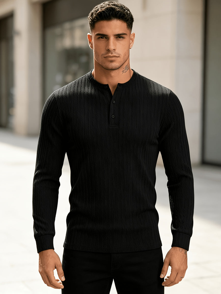 American-style Heavyweight Men's Knit Vintage Stretch Textured Pattern Casual Loose Fit Versatile Commuter Long-Sleeve Henley Shirt - Black