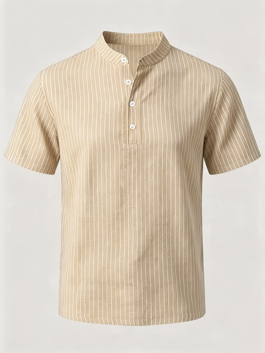 1pc Men'S Striped Short-Sleeve Henley Shirt, Lightweight Breathable Half-Button Casual Top, Linen Blend Regular Fit, Multi-Color Available, Suitable for Daily Wear, Travel, Vacation, And Home Leisure - Khaki