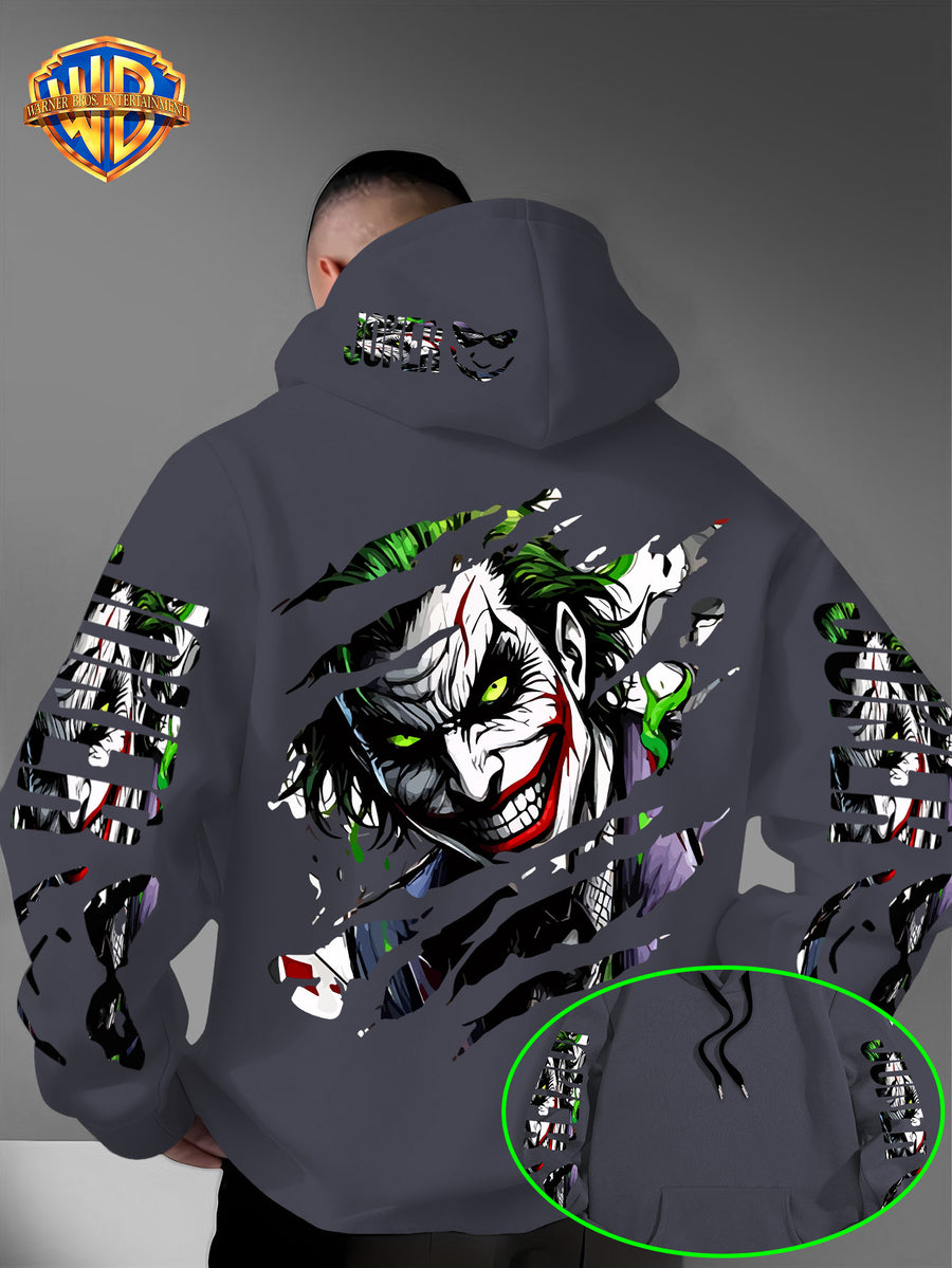 WB Men's Joker Print Hooded - Warner Bros. Official & Iconic Joker Design, Loose Fit Hoodie with Hooded Pullover, Machine Washable Streetwear for Fall/Winter Casual Wear Suitable for Autumn and Winter Warmth - Dark Gray