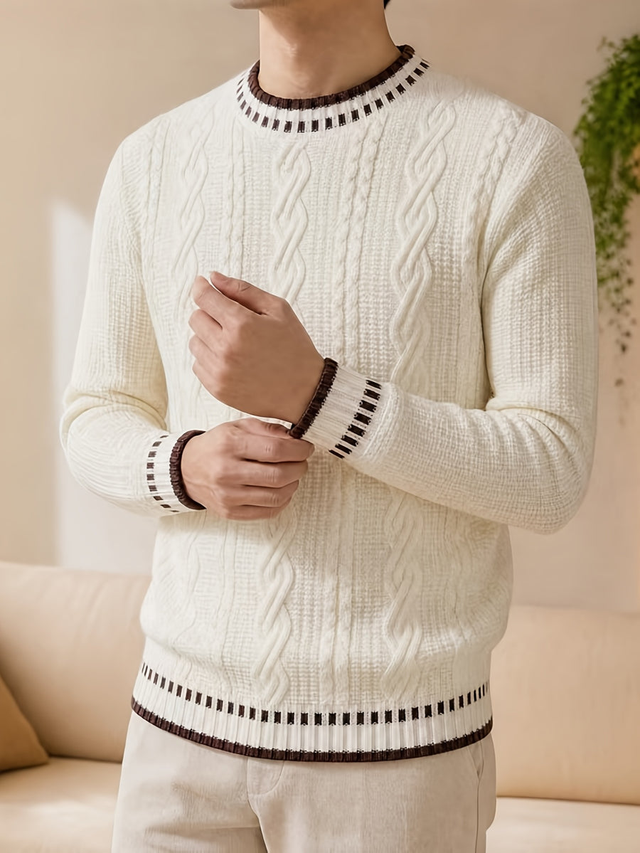 Black Friday, Christmas, Thanksgiving Pre-Heat, Men's Acrylic Blend Five-Color Options, Cable Knit, Contrast Stripe Ribbed Crew Neck Pullover Sweater with Contrast Stripes at Neckline, Cuffs, and Hem, Vintage Casual Daily Wear for Autumn/Winter - Off-white
