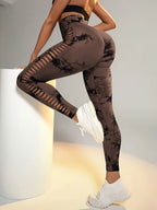 Women's High-Waist Seamless Hollow-Out Fashionable High-Stretch Yoga Pants for Fitness and Outdoor Sports - Coffee Brown