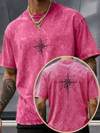 Men's Washed Distressed Pure Cotton Loose Fit Drop Shoulder T-Shirt with Vintage Compass and Anchor Line Graphic Print on Front and Back, Versatile American Streetwear High Street Hip-Hop Style, Couple's Matching Outfit for Streetwear, Daily Outings - Rose Red
