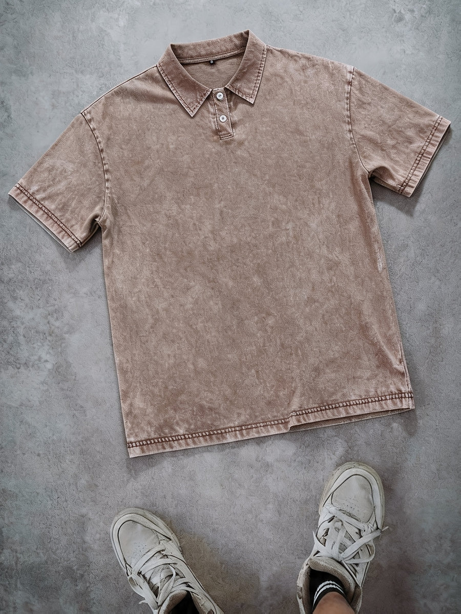American Vintage Washed Distressed Heavyweight Polo Short Sleeve Men's Spring/Summer Streetwear Brand Loose Fit Versatile Short Sleeve Lapel T-Shirt Casual Street Top - Brown