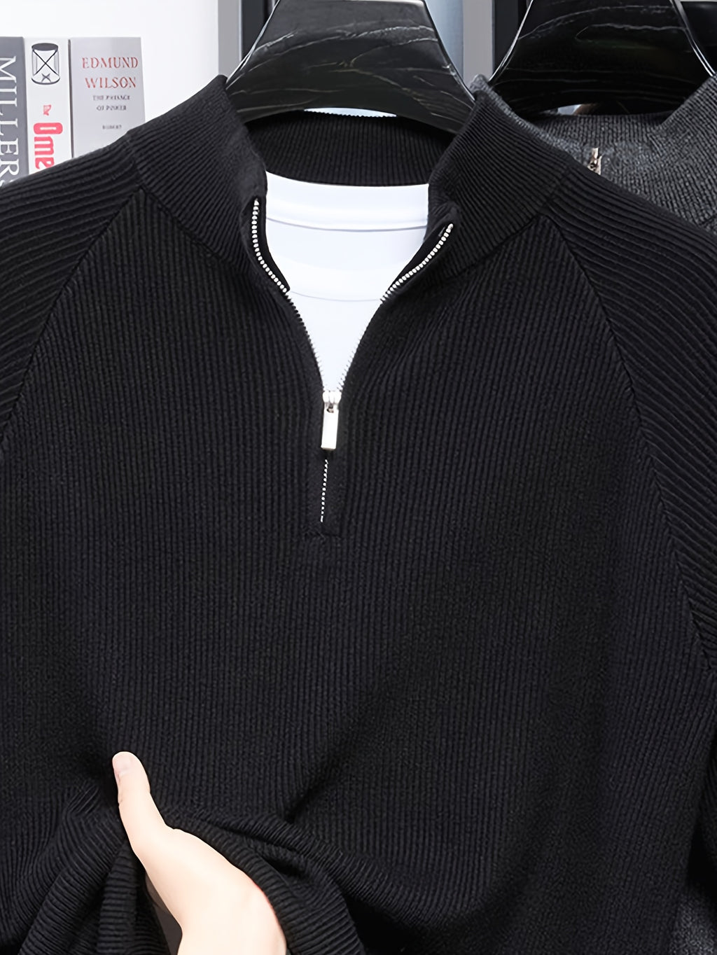 SINBOS Men's Half-Zip Stand Collar Sweater - Low-Saturation Earth Tones, Soft Ribbed Knit Zippered Cardigan, Stand Collar & Half-Zip Front Suitable for Business Casual & Minimalist Winter Wear, Autumn Winter Layering Piece - Black