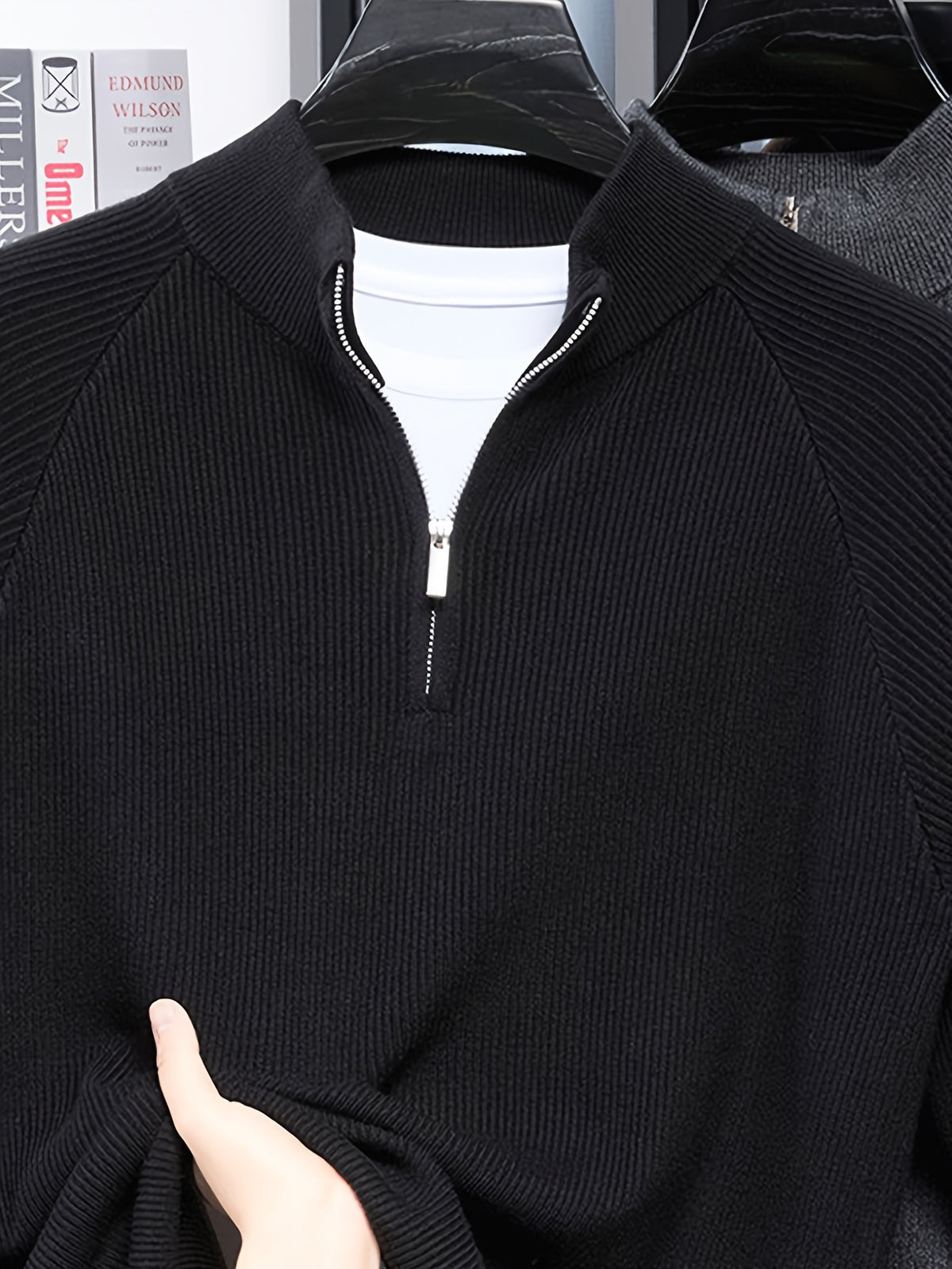 SINBOS Men's Half-Zip Stand Collar Sweater - Low-Saturation Earth Tones, Soft Ribbed Knit Zippered Cardigan, Stand Collar & Half-Zip Front Suitable for Business Casual & Minimalist Winter Wear, Autumn Winter Layering Piece - Black