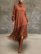 Women's Autumn New Arrival Bohemian Elegant Fringe Patchwork Hem Design St. Patrick's Day Natural Style Easter Atmosphere Vacation Knee-Length Dress - Red-brown