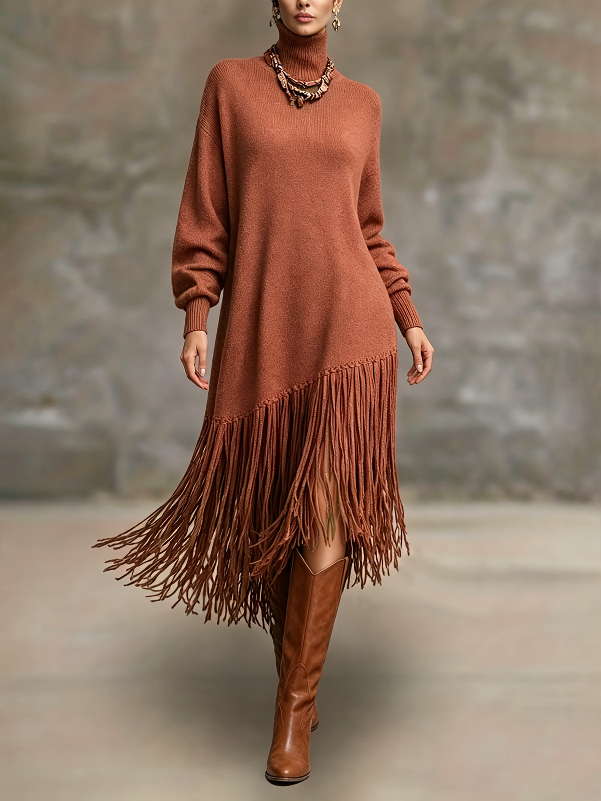 Women's Autumn New Arrival Bohemian Elegant Fringe Patchwork Hem Design St. Patrick's Day Natural Style Easter Atmosphere Vacation Knee-Length Dress - Red-brown