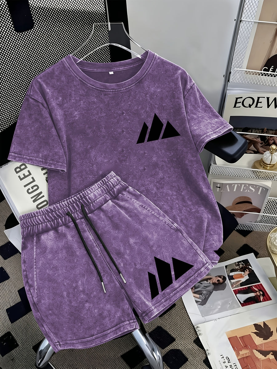 Summer Trendy Distressed Washed Short Sleeve Shorts Drawstring Women's Set, Minimalist Mountain Peak Line Drawing Print, Minimalist Outdoor Style, Artistic and Fresh Style, Forest-Inspired Natural Style, Comfortable for Hot Weather - Dark Violet 2