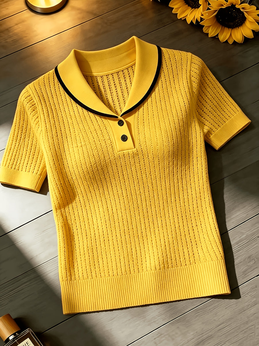Women'S Summer Clothing Short Sleeve Solid Color Sweater, Lapel Hollow Out Design, Slim Fit Style Pullover, Spring Summer Season - Yellow