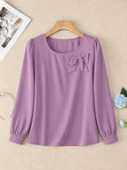 Elegant Casual Long-Sleeve Blouse with Bow and Lantern Sleeves, Solid Color Top ASD1 - Purple