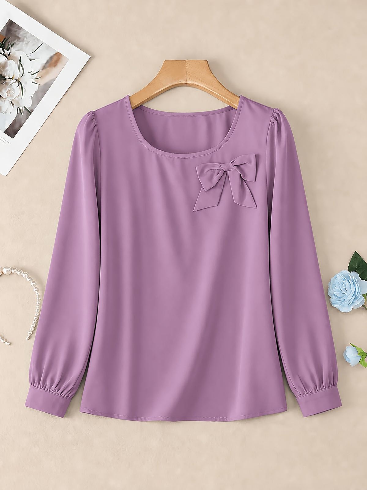 Elegant Casual Long-Sleeve Blouse with Bow and Lantern Sleeves, Solid Color Top ASD1 - Purple