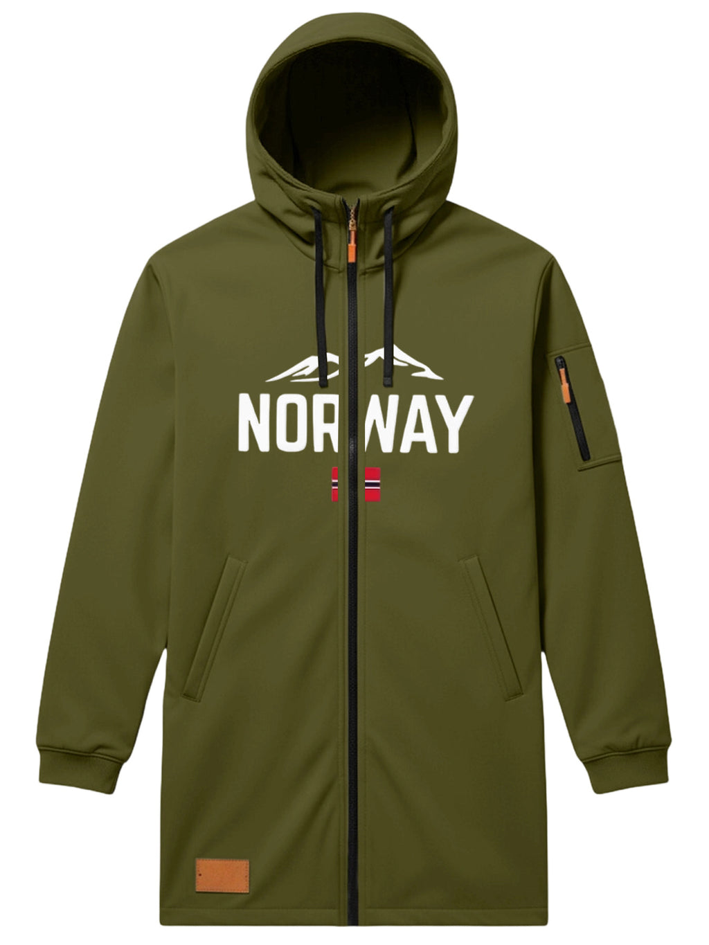Men'S Long Hooded Trench Coat with Full Zipper, Featuring NORWAY Themed Letters, Mountain And Flag Prints, Side Arm Zip Pockets, And a Leather Label at The Hem - Olive Green