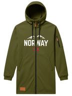 Men'S Long Hooded Trench Coat with Full Zipper, Featuring NORWAY Themed Letters, Mountain And Flag Prints, Side Arm Zip Pockets, And a Leather Label at The Hem - Olive Green