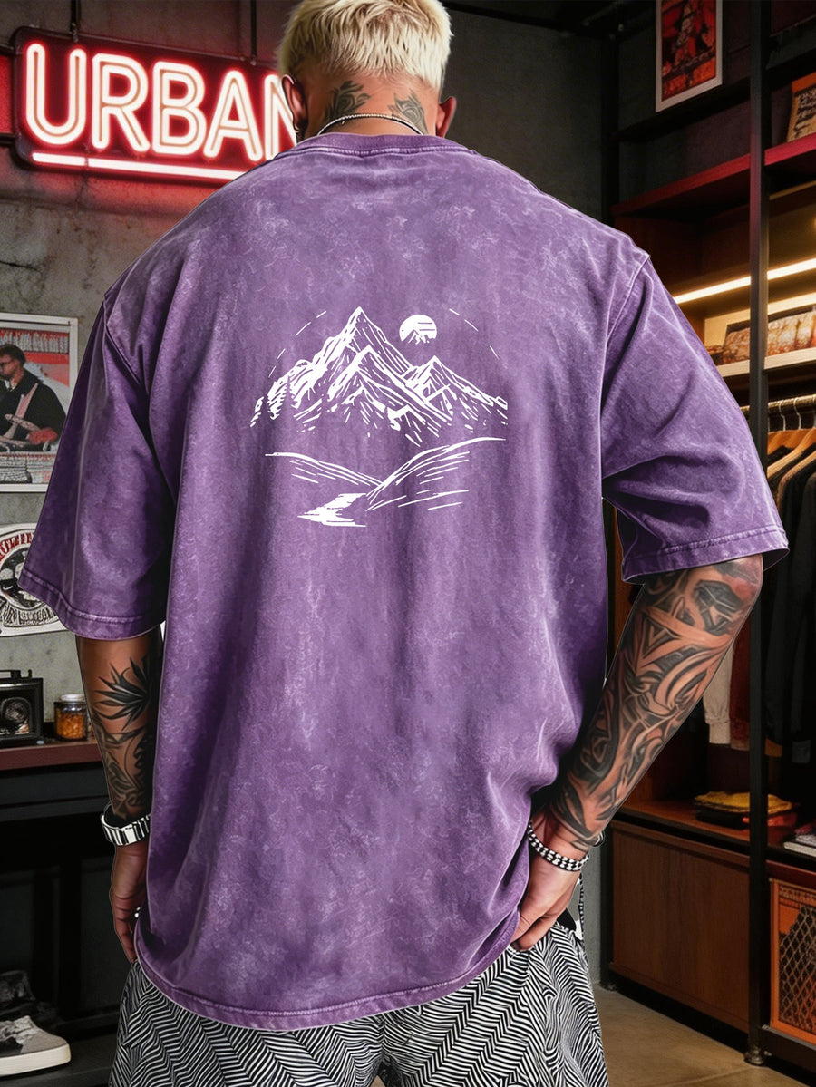 Men's Heavyweight T-Shirt Washed Distressed Fashion Print 2026 Summer New Urban High Street Hiphop Style Vintage Acid Wash Casual Gym Workout Top Pure Cotton Breathable Base Shirt - Purple