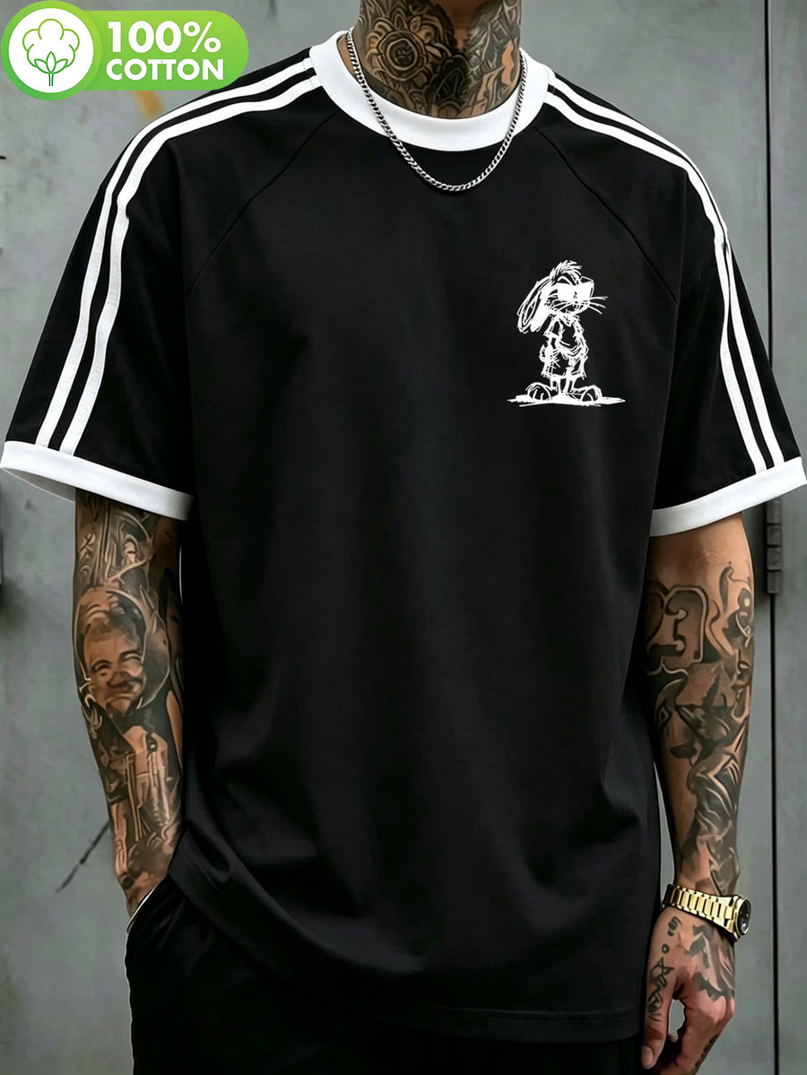 WB Warner Bros. Official License, New Men'S Double Stripe Shoulder Pad 100% T-Shirt, Sketch Glasses Rabbit And Magpie Trendy Print Design, Men'S Casual All-Match T-Shirt, Suitable for Daily Wear And Outdoor Sports, Unisex - Black