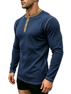 1pc Men'S Spring Summer Casual Henley Shirt, Long Sleeve T-Shirt, Retro Color-Block Trimmed Button-Front, American Easy Versatile Base Layer, Casual Commute Date Comfortable Top Single Pc - Navy Color