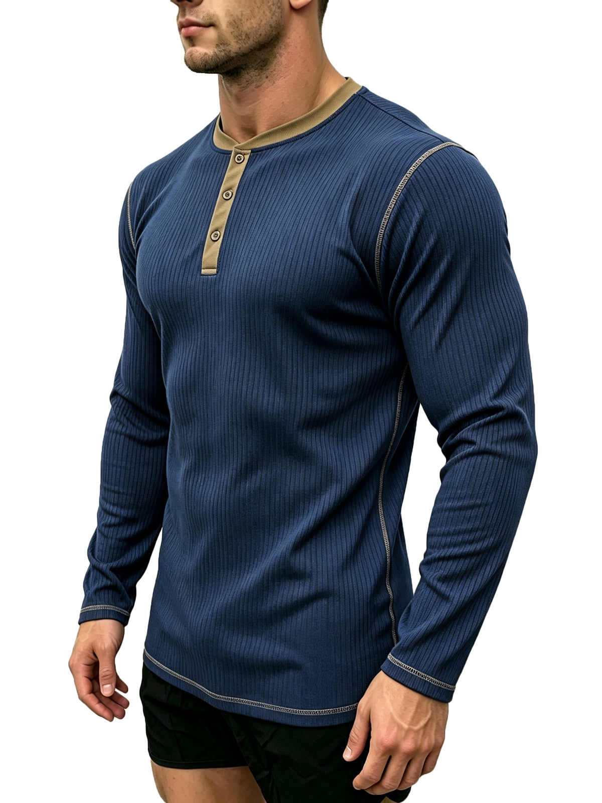 1pc Men'S Spring Summer Casual Henley Shirt, Long Sleeve T-Shirt, Retro Color-Block Trimmed Button-Front, American Easy Versatile Base Layer, Casual Commute Date Comfortable Top Single Pc - Navy Color