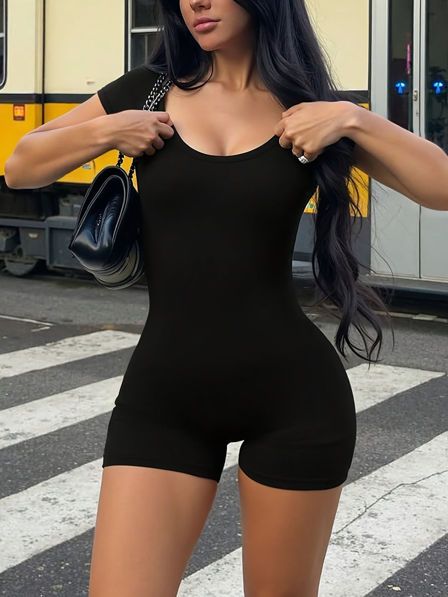 Women'S Spring/Summer Solid Color Sexy Slim Fit Shaping Outdoor Commuting Round Neck Short Sleeve Jumpsuit - Black