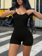 Women'S Spring/Summer Solid Color Sexy Slim Fit Shaping Outdoor Commuting Round Neck Short Sleeve Jumpsuit - Black