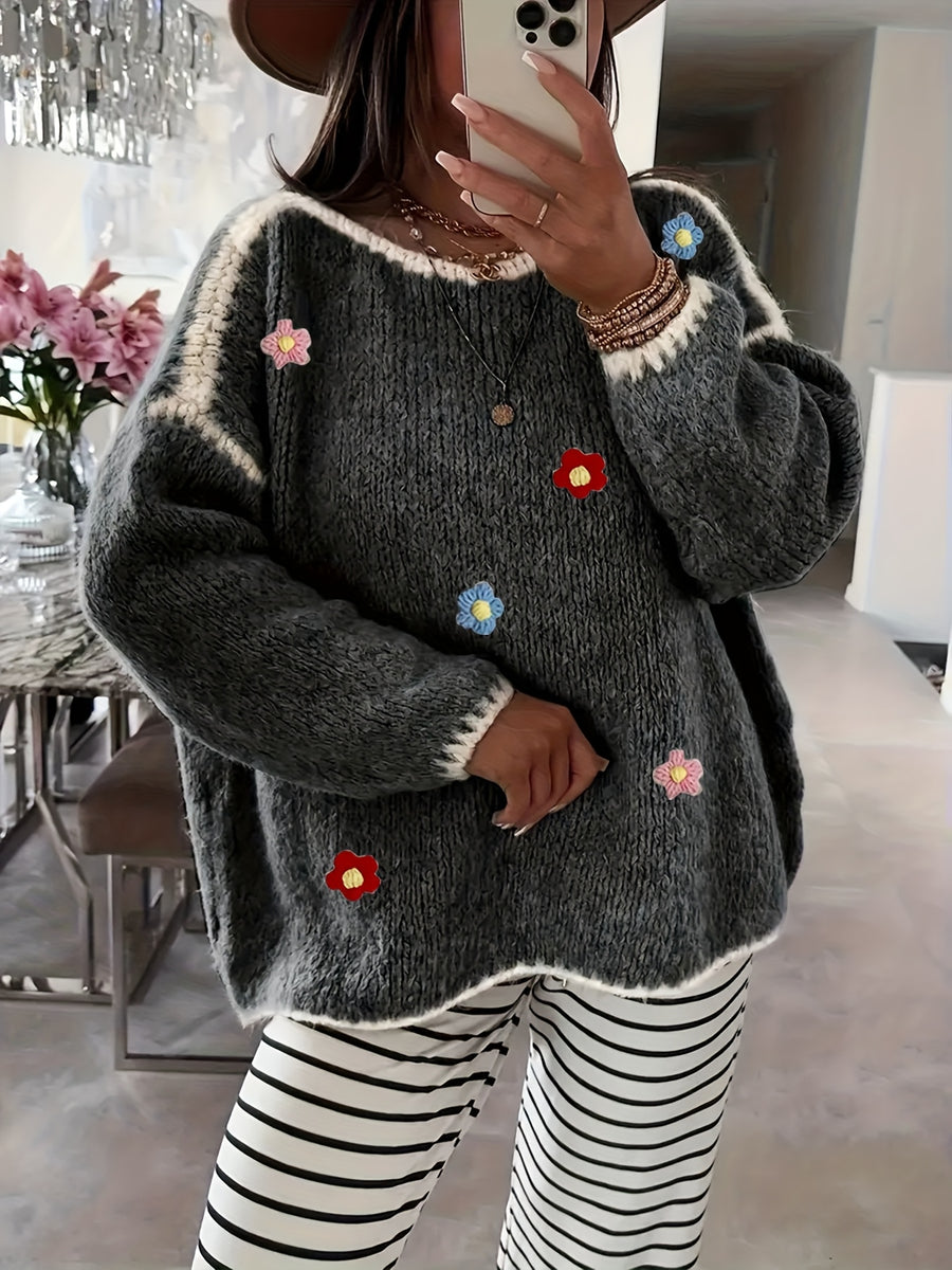 Women's Floral Pullover Elegant Sweater for Autumn and Winter - Graphite Color