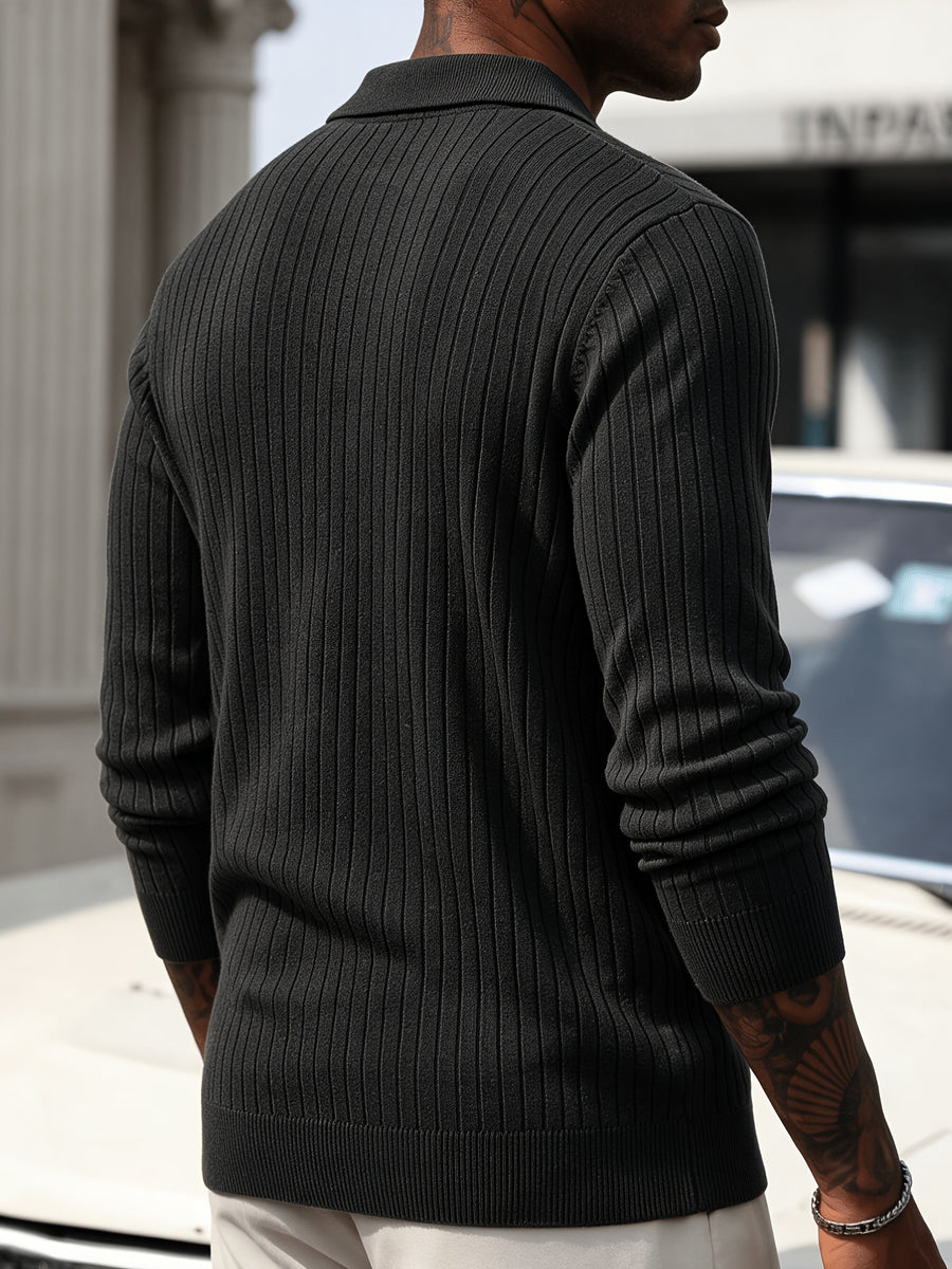 Men's Vertical Striped Knit Cardigan, Lapel Polo Collar Button Long Sleeve Slim Fit Knitted Sweater Jacket for Fall Winter Casual Outwear - Black