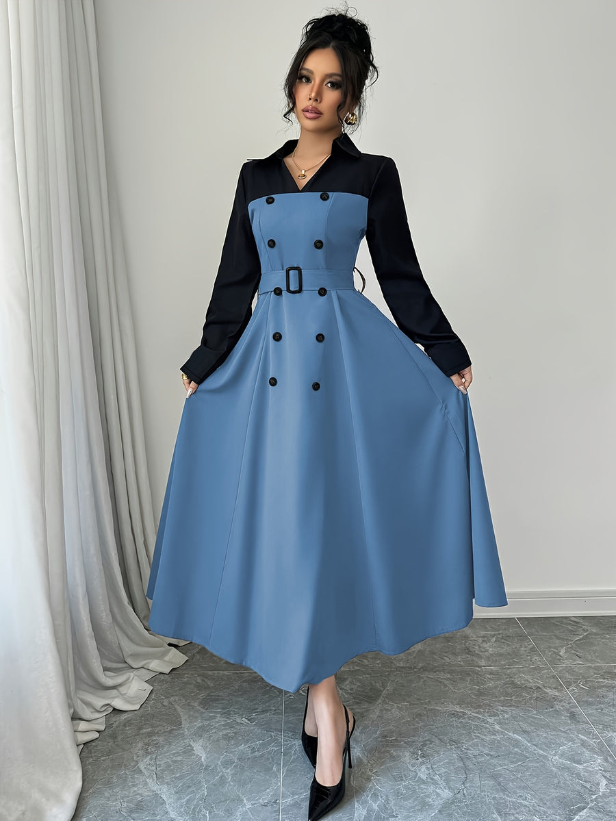 Fashionable Versatile Elegant Commute V-Neck Patchwork Contrast Solid Long Sleeve Waist-Cinching Belt Dress - Royal Blue