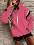 Women'S Long Sleeve Drawstring Sweatshirt, Casual Loose Pocket Sweatshirt - Pink Color