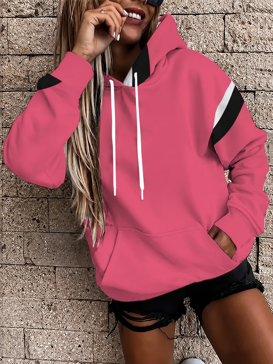 Women'S Long Sleeve Drawstring Sweatshirt, Casual Loose Pocket Sweatshirt - Pink Color