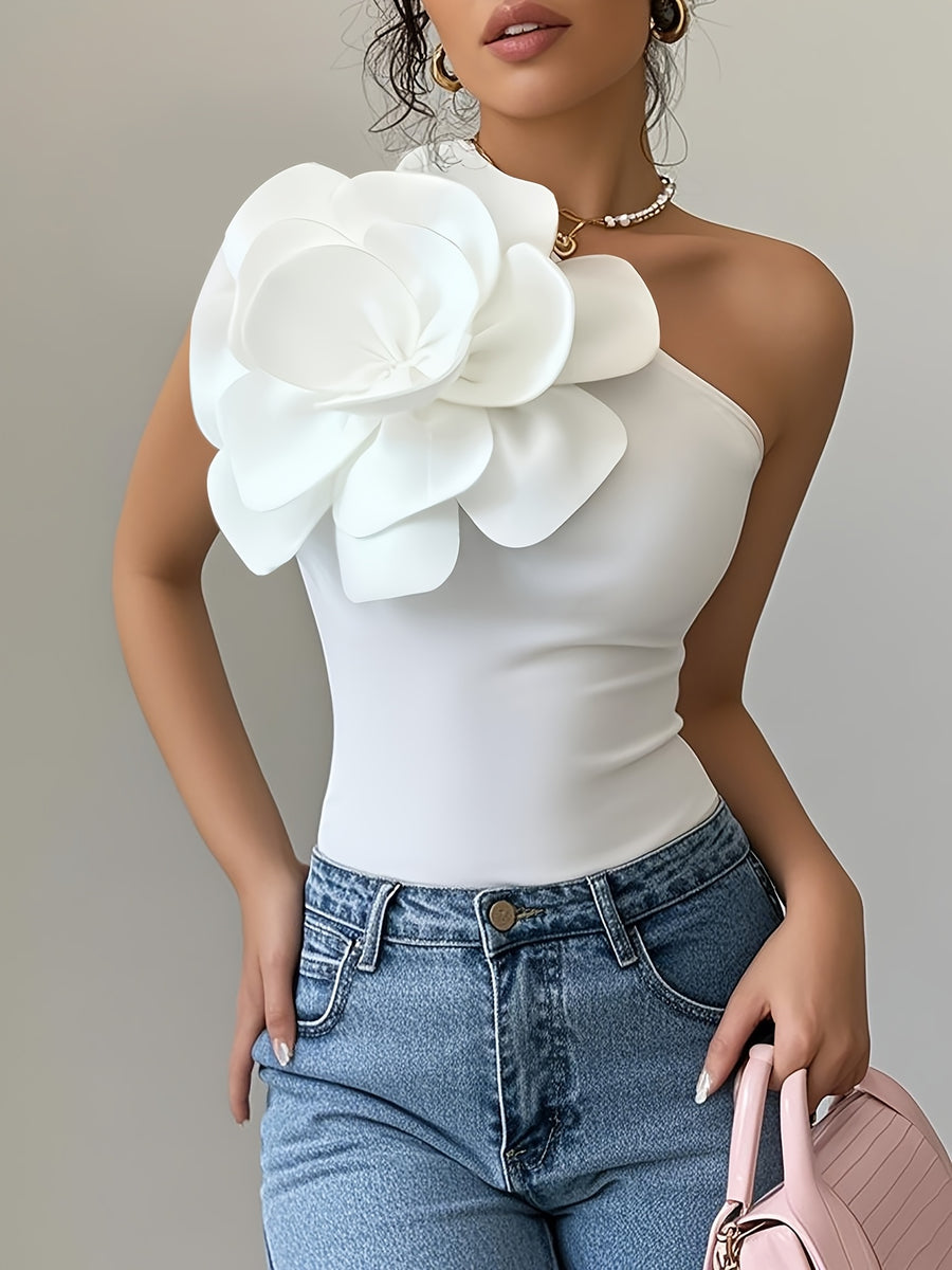 Floral Asymmetrical Neck Slim Sleeveless Casual Top - White