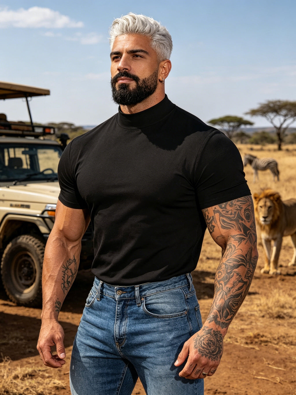 Summer Breathable Solid Color Half-Neck Short Sleeve 2pcs Set Men'S Shaping Slimming High-Elastic Fabric Light Luxury Fashion Fitness Sports Daily Wear Easy Premium Feel Versatile Base Top - Black