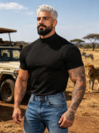Summer Breathable Solid Color Half-Neck Short Sleeve 2pcs Set Men'S Shaping Slimming High-Elastic Fabric Light Luxury Fashion Fitness Sports Daily Wear Easy Premium Feel Versatile Base Top - Black