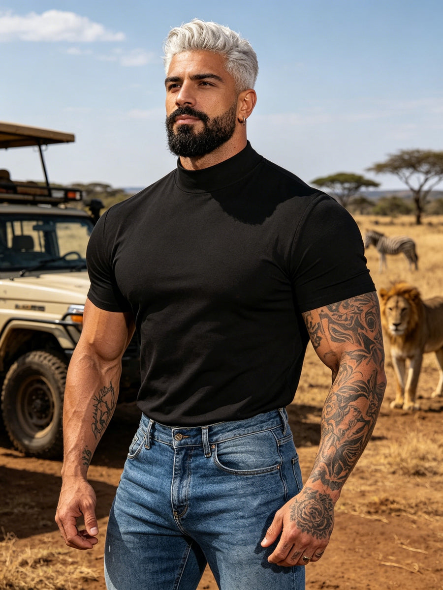 Summer Breathable Solid Color Half-Neck Short Sleeve 2pcs Set Men'S Shaping Slimming High-Elastic Fabric Light Luxury Fashion Fitness Sports Daily Wear Easy Premium Feel Versatile Base Top - Black