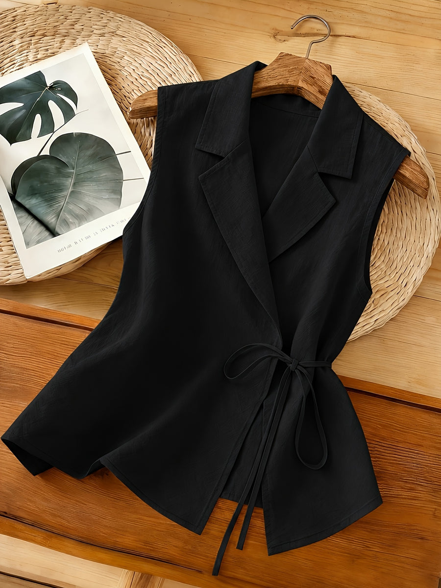 2026 New Sleeveless Vest, Lapel Tie-Waist Waist-Cinching Commuter Temperament Outer Top - Black