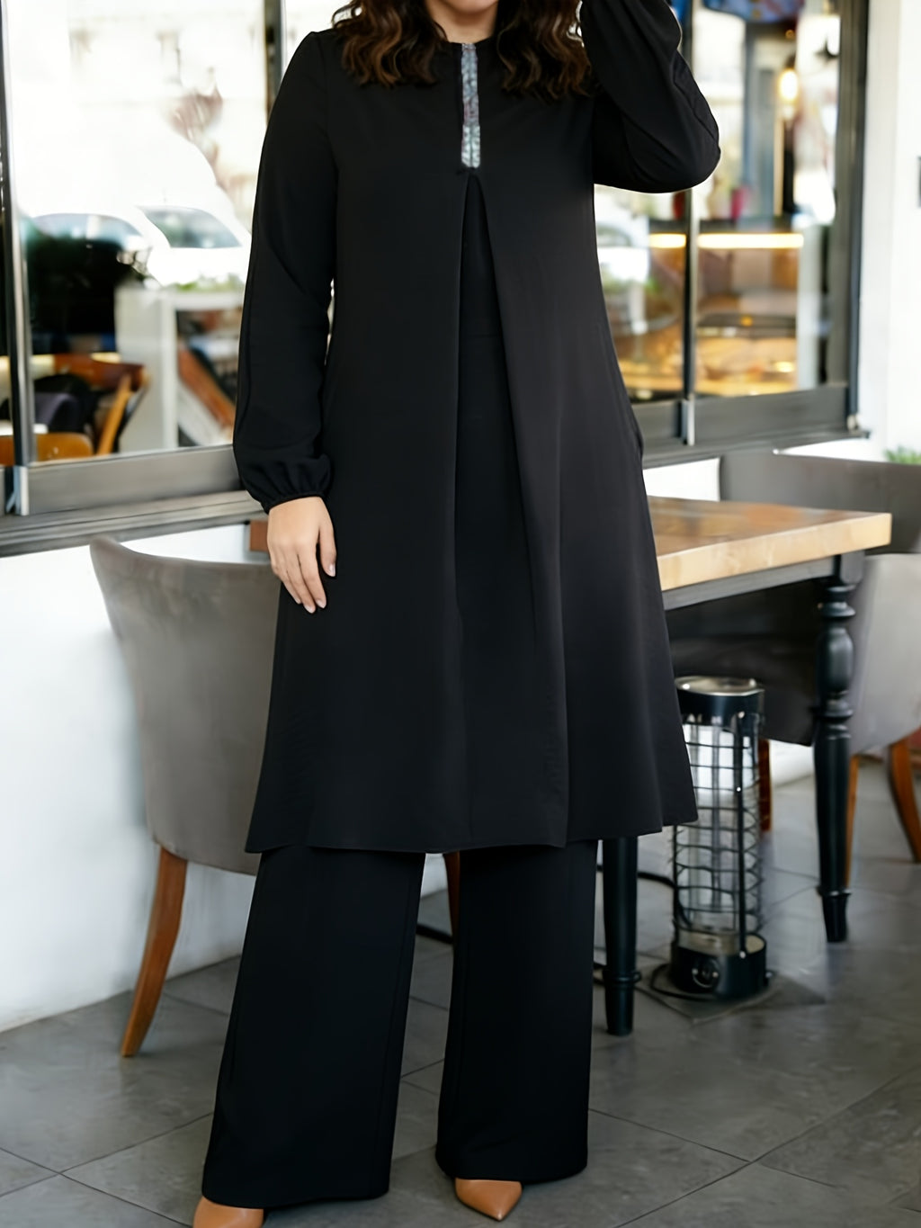 Eid | Plain Sequin Muslim Fall/Winter 2pcs Jilbab Set | Elegant Plain Sequin Abaya Women Modest Dress And Loose Wide-Leg Pants | Modest Outfit for Daily And Festive Wear - Black