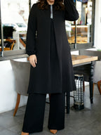 Eid | Plain Sequin Muslim Fall/Winter 2pcs Jilbab Set | Elegant Plain Sequin Abaya Women Modest Dress And Loose Wide-Leg Pants | Modest Outfit for Daily And Festive Wear - Black