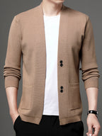 [Wading Whale OBM] Spring/Summer New Men'S Knit Cardigan, Old Money Style Solid Color V-Neck Long Sleeve Open Front Sweater Jacket with Single Button Closure And Side Pockets, Suitable for Spring And Autumn Layering Or Outerwear - Apricot
