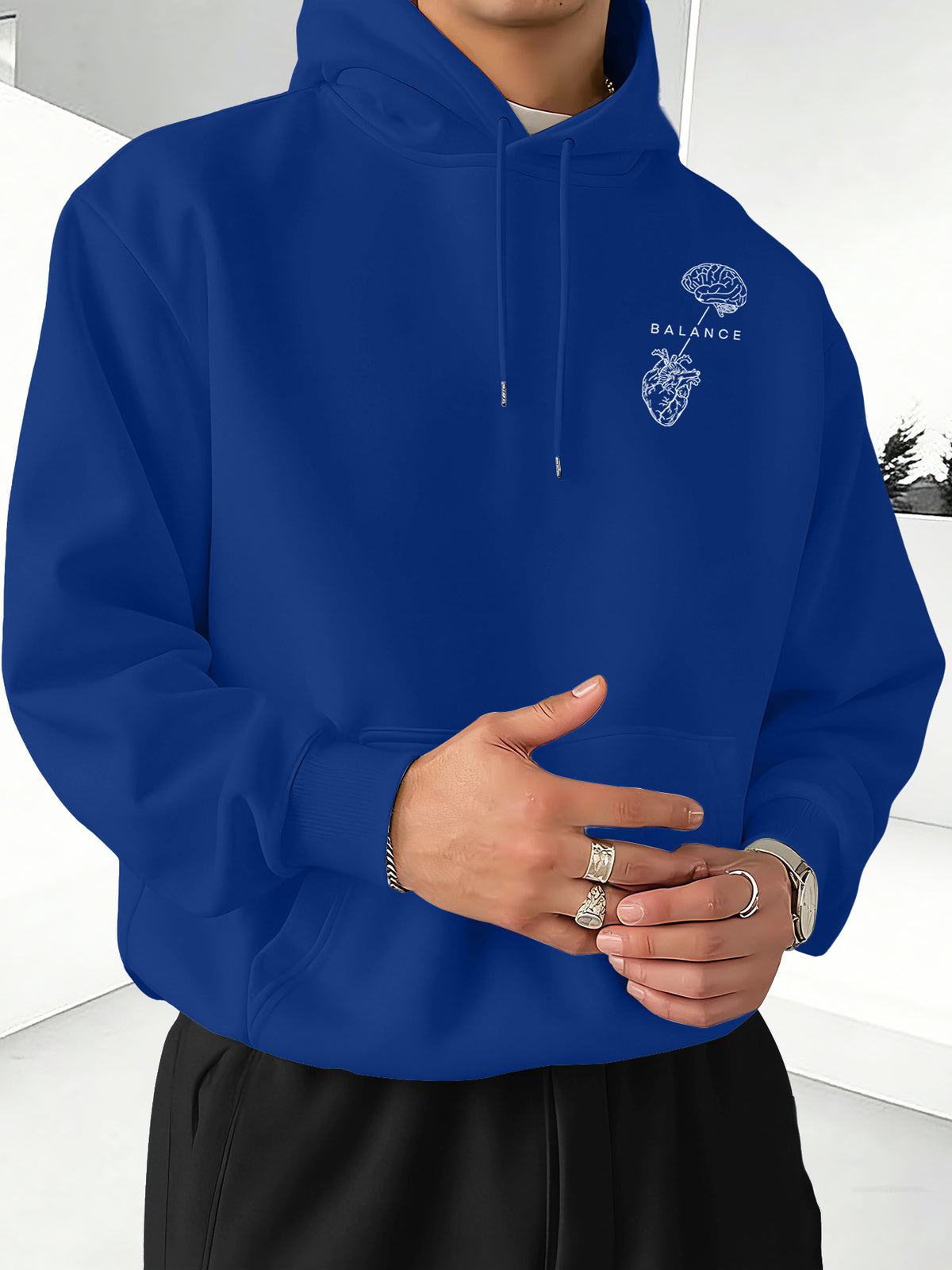 Minimalist Trendy Unisex Hoodie with Brain And Heart Balance Print - Multicolor-Blue