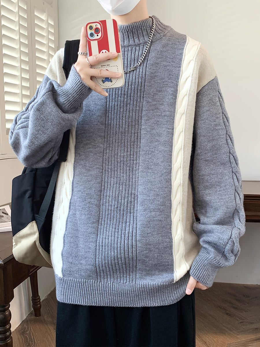 Young Men'S Semi High Neck Multi-Color Spliced Knit Sweater, Autumn And Winter New Warm Sweater, Fashionable And Casual Versatile - Grey