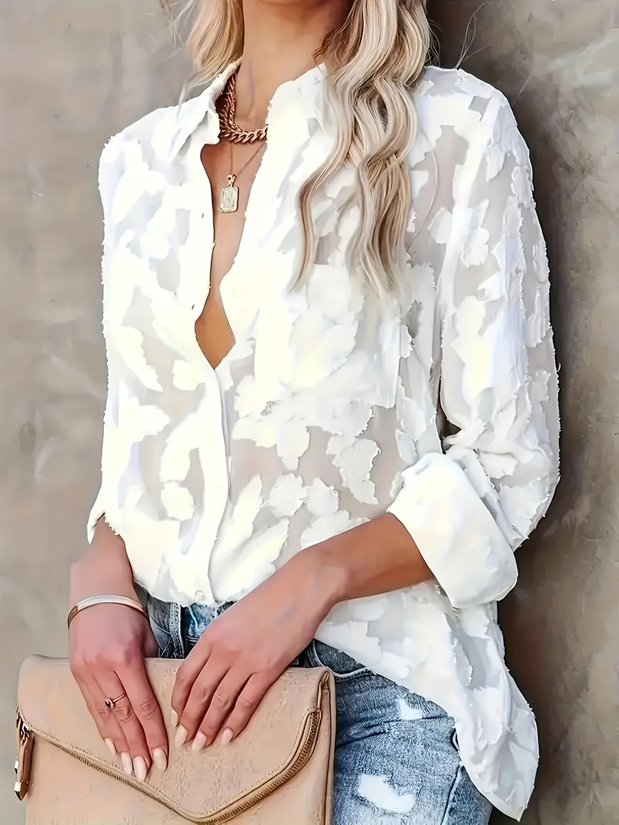 Elegant Collar Button- Shirt - Solid Color Semi-Sheer Blouse, Lapel Collar Button Front, Machine Washable Year-Round Versatile Top for Casual & Professional Wear () - Special Line - White