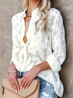 Elegant Collar Button- Shirt - Solid Color Semi-Sheer Blouse, Lapel Collar Button Front, Machine Washable Year-Round Versatile Top for Casual & Professional Wear () - Special Line - White