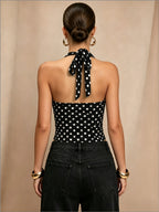 European and American Women's Summer Polka Dot V-Neck Halter Neck Backless Cropped Camisole Top - Black