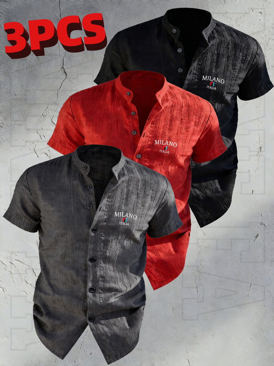 Josh Rose OBOM | Lightweight and Breathable Solid-color Button- Shirt with Geometric Pattern, Featuring a Simple Stand-up Collar Design. Suitable for Beach Vacations, Pool Parties, and Casual Wear. Comfortable and Simple for Daily Outings - Gray+red+black