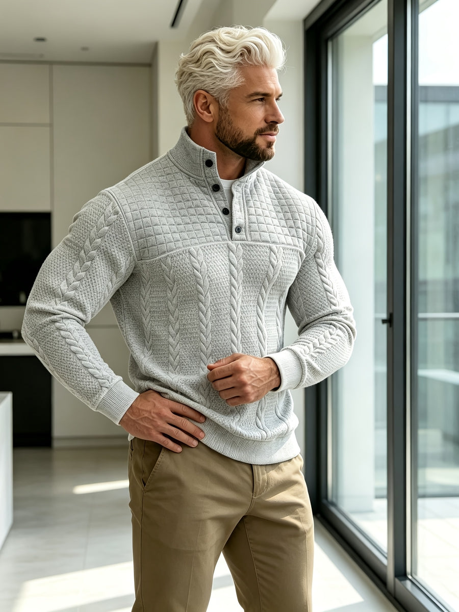 Joshmei OBM Halloween Men's Old Money Style Stand Collar Henley Shirt, Twisted Cable Knit Patchwork Checkered Long Sleeve Top, Comfortable and Warm Pullover, Suitable for Beach Vacations and Daily Wear, Men's Birthday Gift - Light Grey