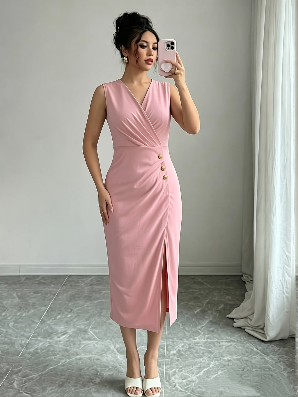Solid Color Sleeveless Wrap V-Neck Midi Dress, Women'S Ruched Golden Button High Slit Bodycon Dress, Elegant Sheath Dress for Business Office, Party And Daily Formal Occasions - Pink