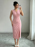 Solid Color Sleeveless Wrap V-Neck Midi Dress, Women'S Ruched Golden Button High Slit Bodycon Dress, Elegant Sheath Dress for Business Office, Party And Daily Formal Occasions - Pink