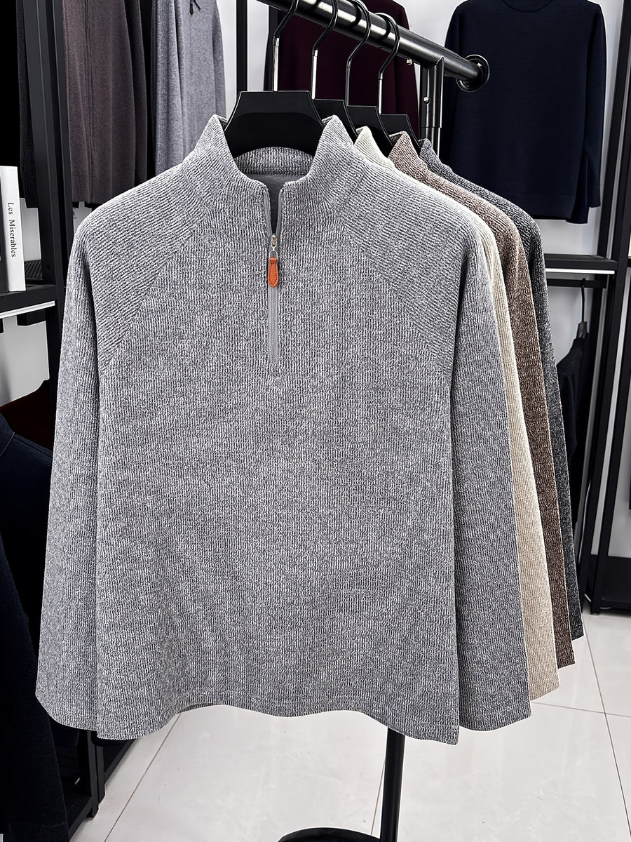 1pc Du Jing Lan OBM Men's Half-Zip Sweater - Solid Color Ribbed Knit Pullover with Stand Collar, Half-Zip Front Suitable for Layering, Business Casual & Outdoor Wear, Long Sleeve for Golf, Basketball, Daily Layering ( Autumn/Winter New Arrival) - Grey
